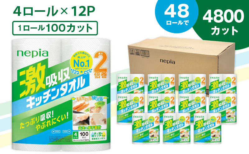 【A012】紙のまち苫小牧 王子ネピア 激吸収 キッチンタオル 100 （48ロール）